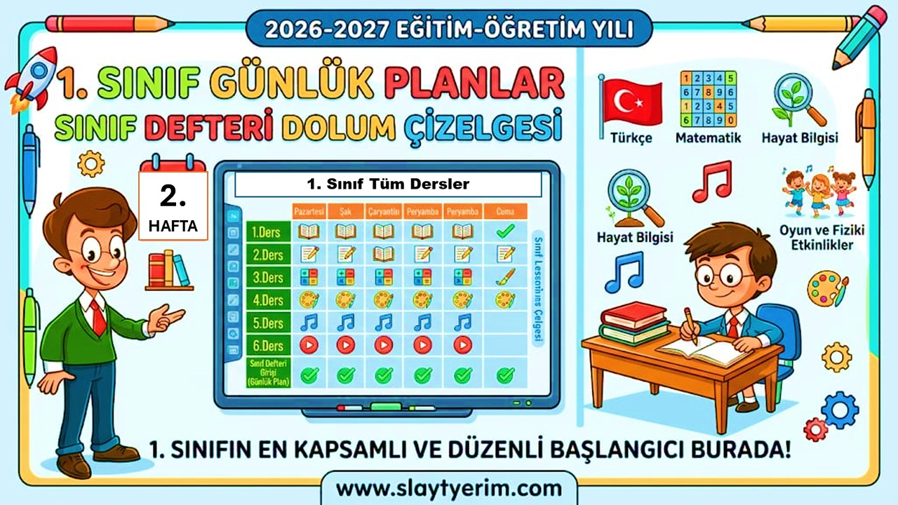 2026-2027 Yılı 1. Sınıf 2. Hafta Tüm Dersler Günlük Planları ve Sınıf Defteri Dolum Çizelgesi.