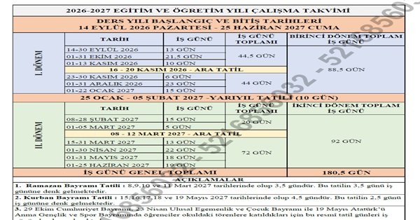 2026-2027 Eğitim Öğretim Yılı MEB Çalışma Takvimi