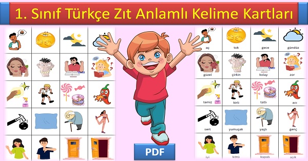 1. Sınıf Türkçe Zıt Anlamlı Kelime Kartları