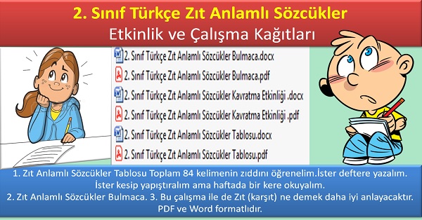 2. Sınıf Türkçe Zıt Anlamlı Sözcükler - Etkinlik ve Çalışma Kağıtları
